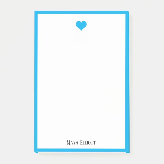 Vit med ljust Himlar Blue Heart & Gräns + Namn Post-it Block (Framsida)
