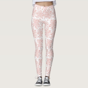 Vit med Rosa Blommigt Snöre Mönster Leggings