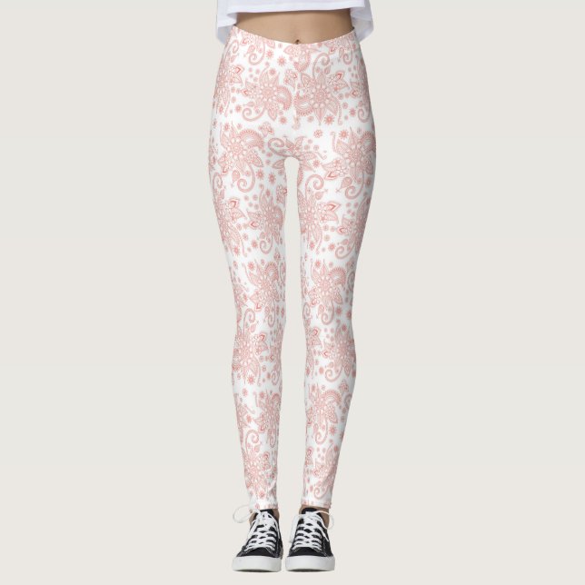 Vit med Rosa Blommigt Snöre Mönster Leggings (Framsida)