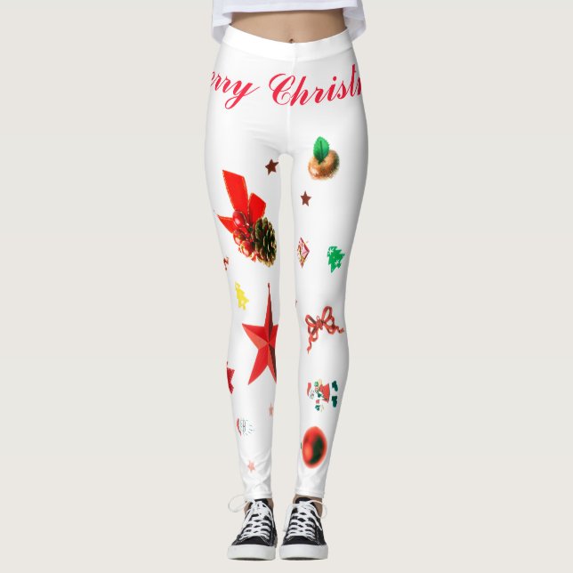 Vit med rött och grönt Julprydnadsämnen Leggi Leggings (Framsida)