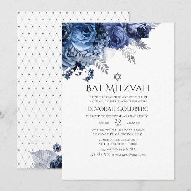 Vit med Silver Foil Blommigt Bat mitzvah Inbjudningar (Fram/baksida)