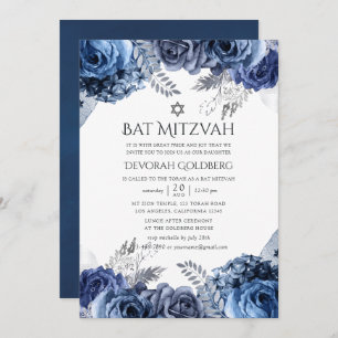 Vit med Silver Foil Blommigt Bat mitzvah Inbjudningar
