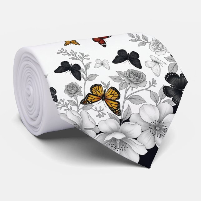 Vit med svarta blommor och fjärilar  slips (Rullad)