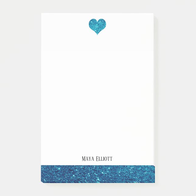 Vit med Teal Faux Glitter Heart & Gräns + Namn Post-it Block (Framsida)