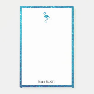 Vit med Teal Glitter Flamingo & Gräns w/ Namn Post-it Block