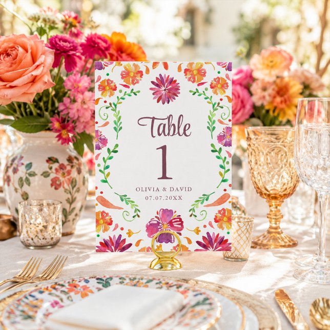 Vit mexikansk blomsterfiesta bröllopsbord nummer (White Mexican Floral Fiesta Wedding Table Number)