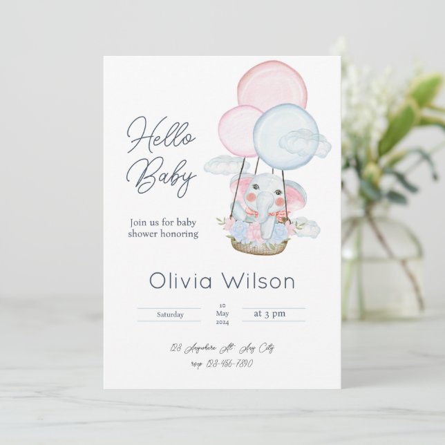 Vit, minimal inbjudan till Elephant Baby Shower (Stående Fram)
