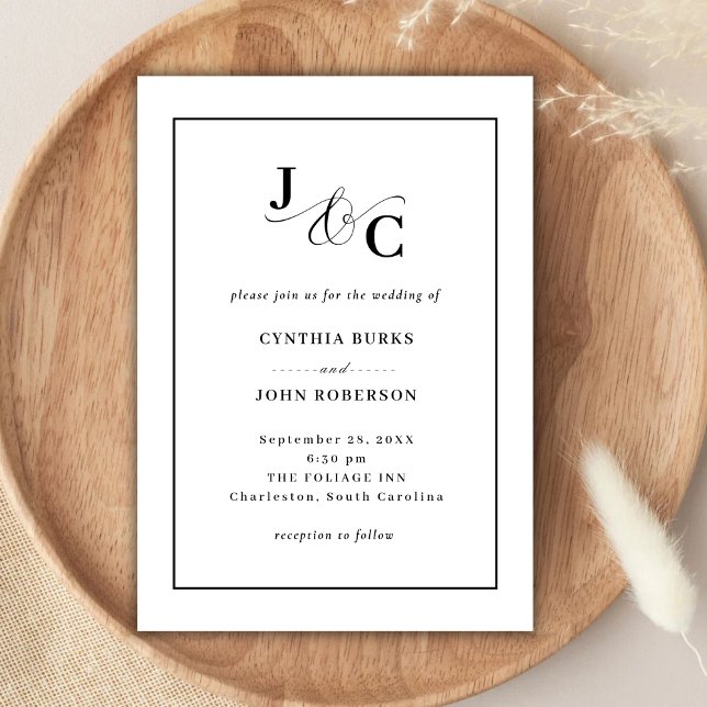 Vit Minimal och Chic | Svart Kant Bröllop Inbjudningar (White minimal chic wedding invitation with black border for a timeless elegant feel.)