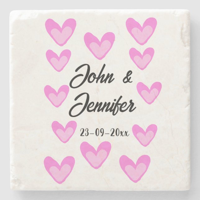 vit, minimal text stil bröllop-pinkhjärta stenunderlägg (Framsidan)