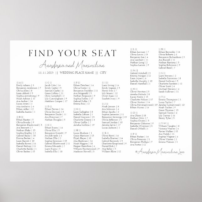 Vit Minimalistisk Bröllops Alfabetisk Sittplatskar Poster (Framsidan)