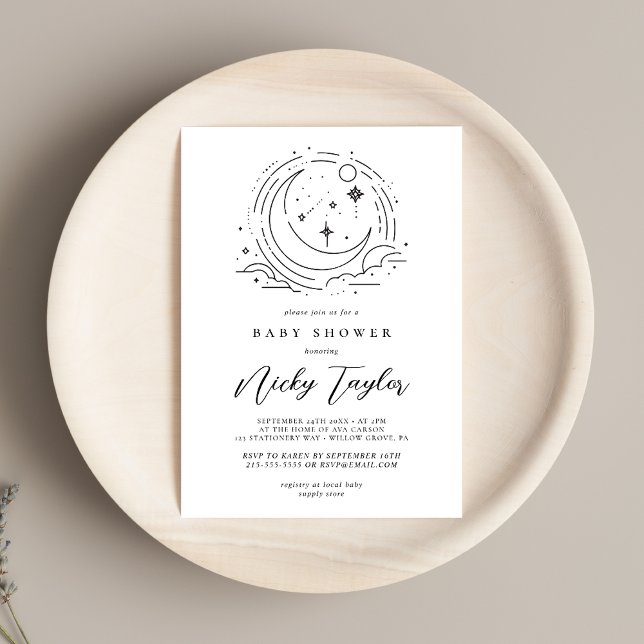 Vit, minimalistisk, celestial Baby Shower Inbjudningar (Skapare uppladdad)