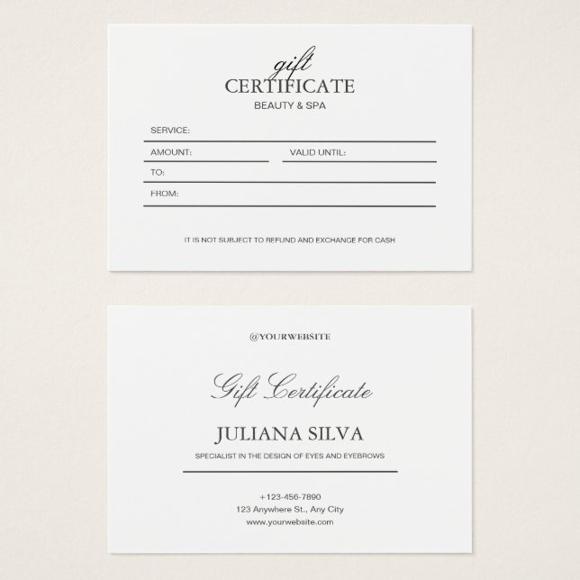 Vit, minimalistisk Elegant, certifikat för gåva (Framsida & baksida)