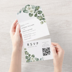 Vit minimalistisk modern eukalyptus QR-kod bröllop