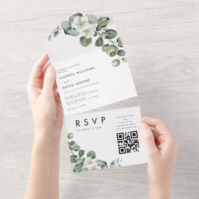 Vit minimalistisk modern eukalyptus QR-kod bröllop (Avrivbar del)