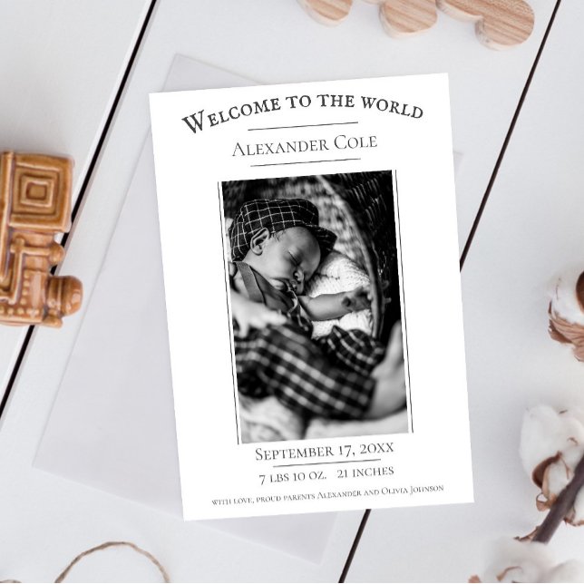 Vit, minimalistiskt fotofödelsemärke meddelande (White Minimalist Photo Birth Announcement)