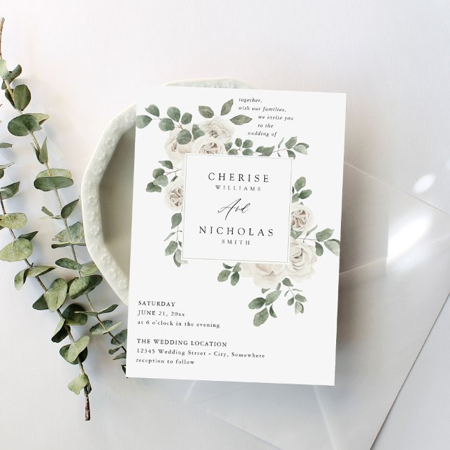 Vit mjuk Blommigt och eukalyptus Bröllop V2 Inbjudningar (Skapare uppladdad)
