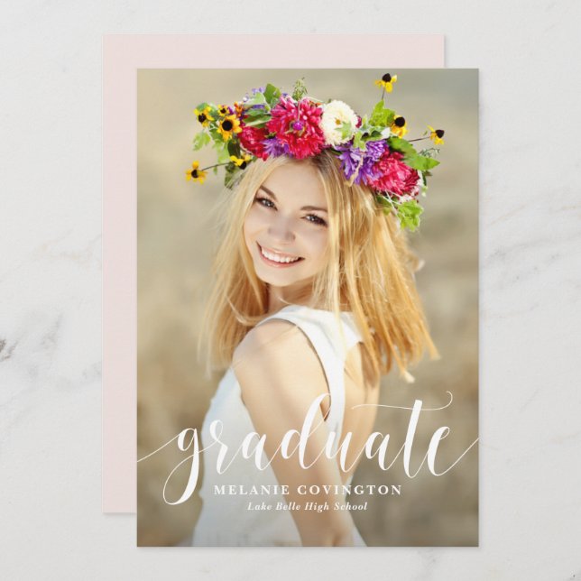 Vit Modern Calligraphy Photo Studenten Inbjudningar (Fram/baksida)