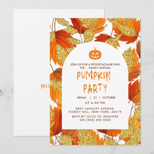 Vit | Modern Faux Glitter Lövs Halloween Inbjudningar (Fram/baksida)