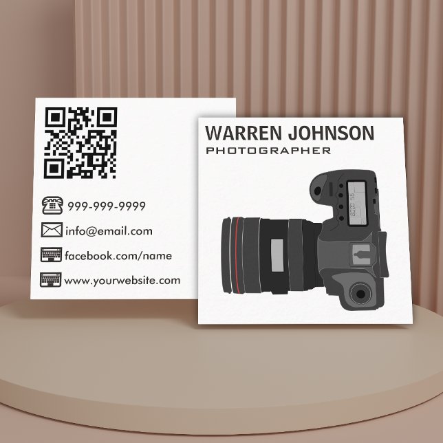 Vit Modern Fotograf QR-kod Fyrkantigt Visitkort (Skapare uppladdad)