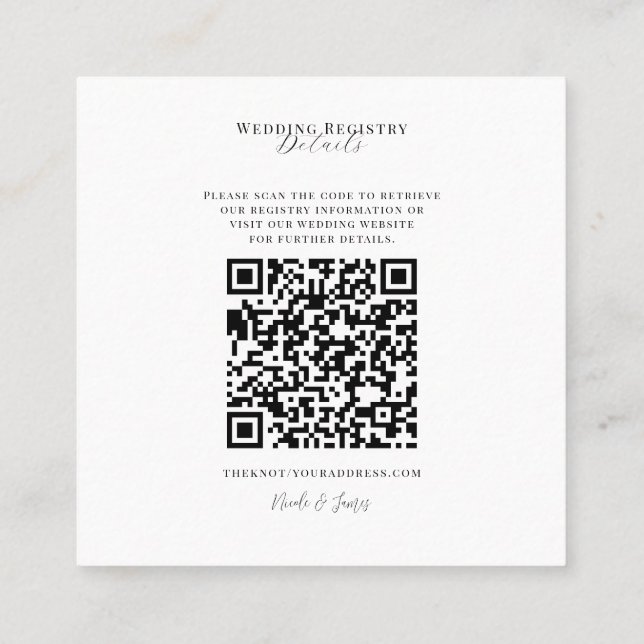Vit Modern Minimal Bröllopspresentregistrering QR- Fyrkantigt Visitkort (Baksida)