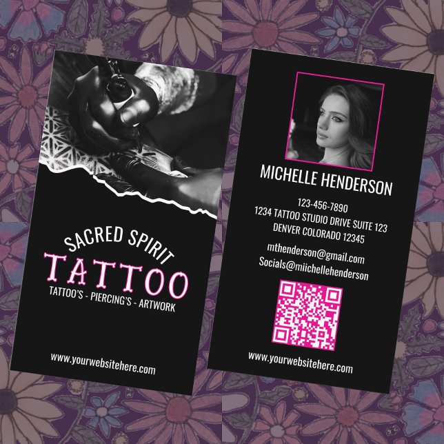 Vit Modern Text 2 Foto QR-kod Tattooist Visitkort (Skapare uppladdad)