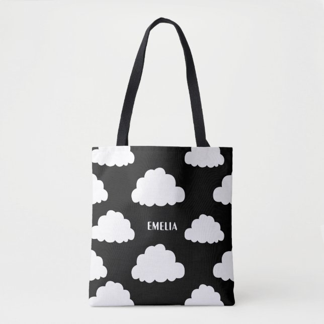 Vit moln Mönster Personlig Black Tote Bag Tygkasse (Framsida)