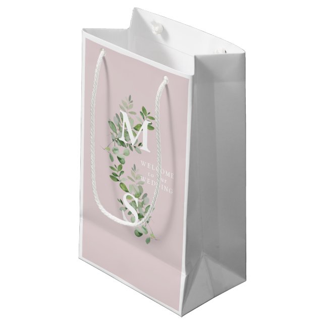 Vit Monogram Eucalyptus Rosa Bröllop Välkommen (Framsidan Vinklad)