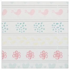 vit mönster av fåglar, dammar, fotsteg, blommor, tyg