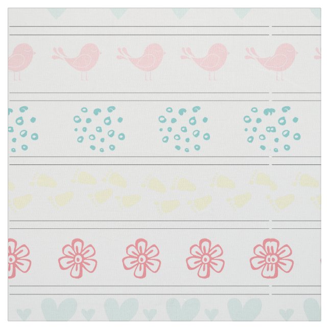 vit mönster av fåglar, dammar, fotsteg, blommor, tyg (Provkarta)