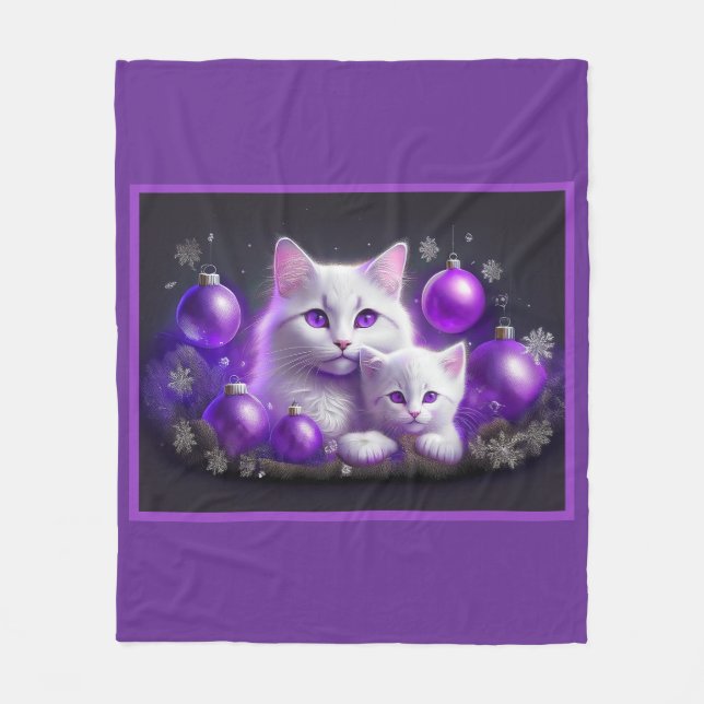 Vit Mor-katt och kattunge Lila-julscen Fleecefilt (Framsidan)