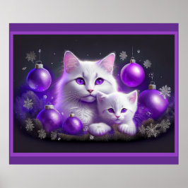 Vit Mor-katt och kattunge Lila-julscen Poster