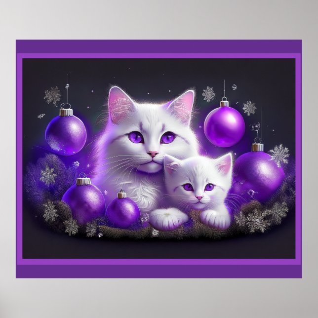 Vit Mor-katt och kattunge Lila-julscen Poster (Framsidan)
