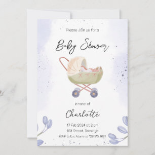 Vit Mörklila Enkel Barnvagn Baby Shower Inbjudningar