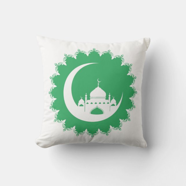 Vit moské, Crescent Måne Ramadan, grönt Kudde (Framsida)