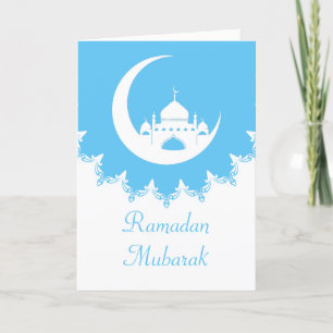 Vit moské i Crescent Måne Ramadan blue Helgkort