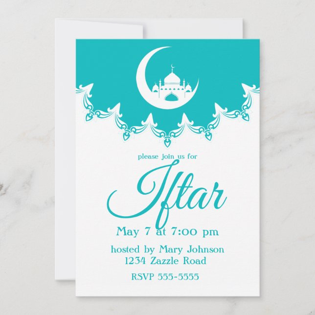 Vit moské i Crescent Måne Ramadan Iftar Inbjudningar (Framsida)