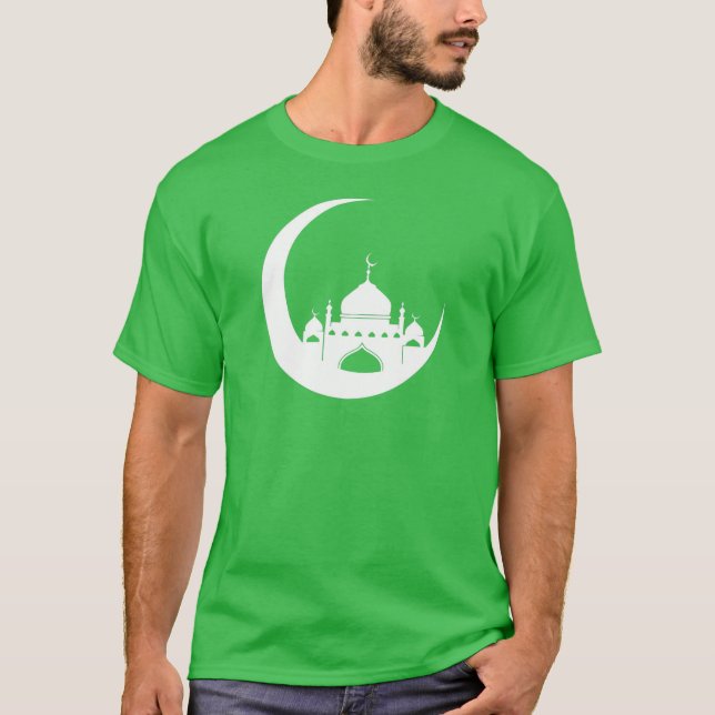 Vit moské i Crescent Måne Ramadan T Shirt (Framsida)