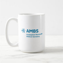 Vit mugg med blå AMBS-logotyp