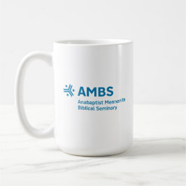 Vit mugg med blå AMBS-logotyp