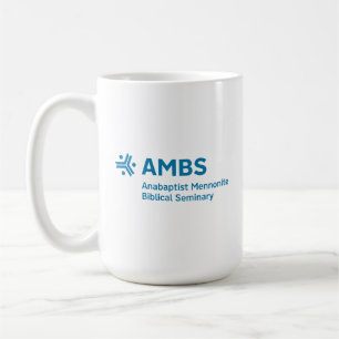 Vit mugg med blå AMBS-logotyp