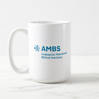 Vit mugg med blå AMBS-logotyp