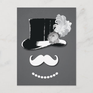 Vit mustasch, top hat, fjäder och ro vykort