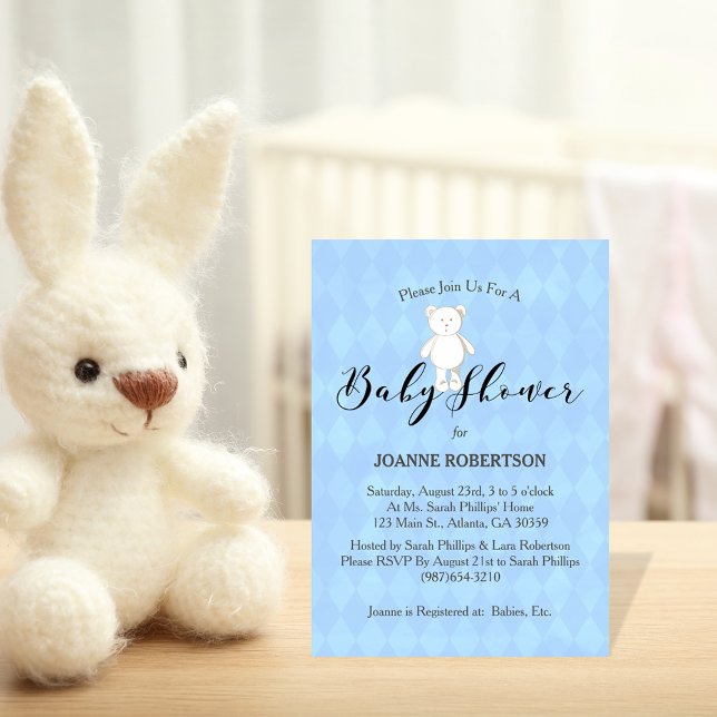 Vit Nalle Diamond Blue Baby Shower Inbjudningar (Skapare uppladdad)