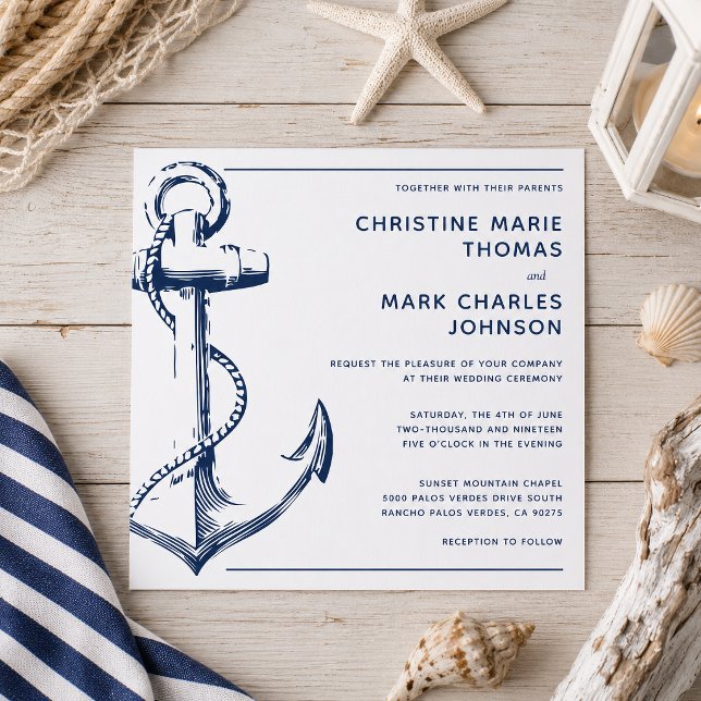 Vit nautisk marin ankare bröllopsinbjudan (Tie the knot with this nautical sketch anchor wedding square invitation.)