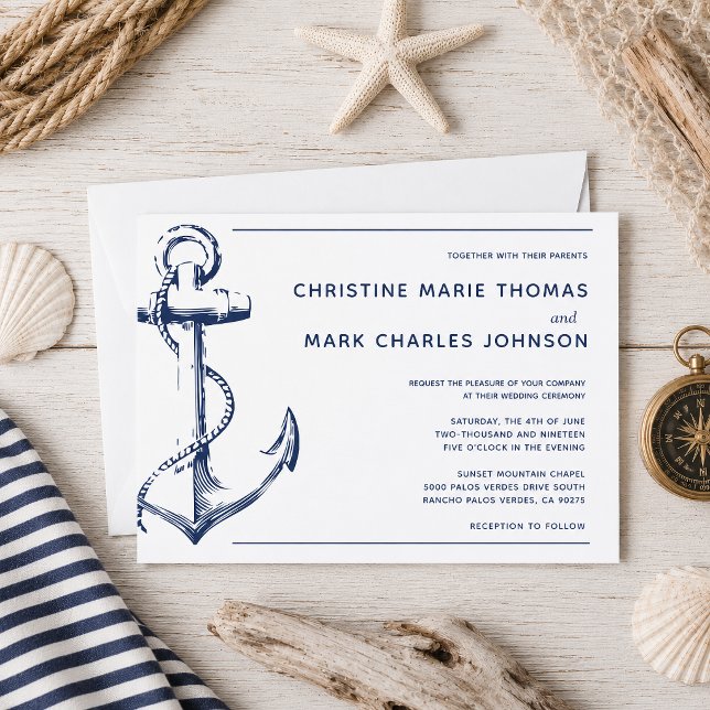 Vit nautisk marinankare bröllopsinbjudan (Tie the knot with this navy nautical sketch anchor wedding invitation.)