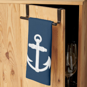 Vit/nautiska blått ankrar symbol kökshandduk