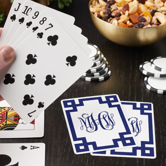 Vit Navy Grekisk Nyckel Rankor Bokstavsmonogram DI Casinokort (Skapare uppladdad)