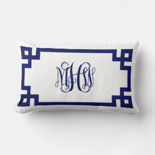 Vit Navy Grekisk Nyckel Rankor Skript Monogram Gör Lumbarkudde