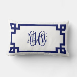 Vit Navy Grekisk Nyckel Rankor Skript Monogram Gör Lumbarkudde