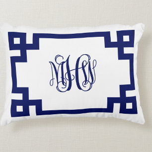 Vit Navy Grekisk Nyckel Rankor Skript Monogram Gör Prydnadskudde